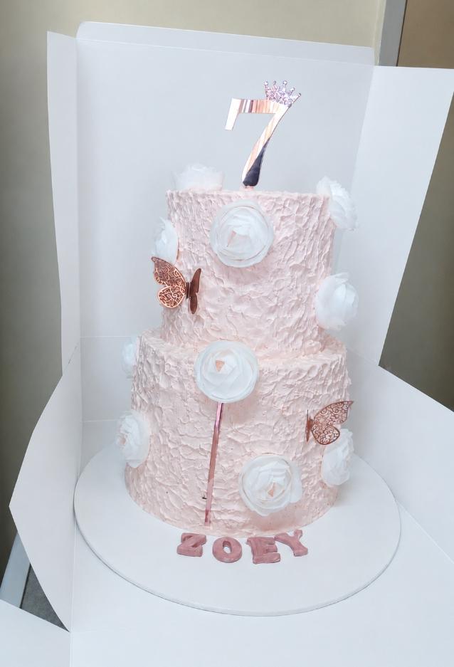Pink two-tier birthday cake with roses and butterflies in Lichtenburg by Bridge Angels Treats
